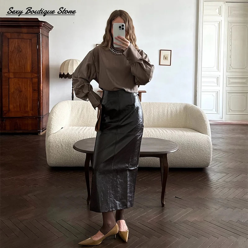 Pu Leather Jacket Skirt Sets Stand Collar Loose Coat Low Waist Solid Long Autumn Coats Lady Outfits 250905