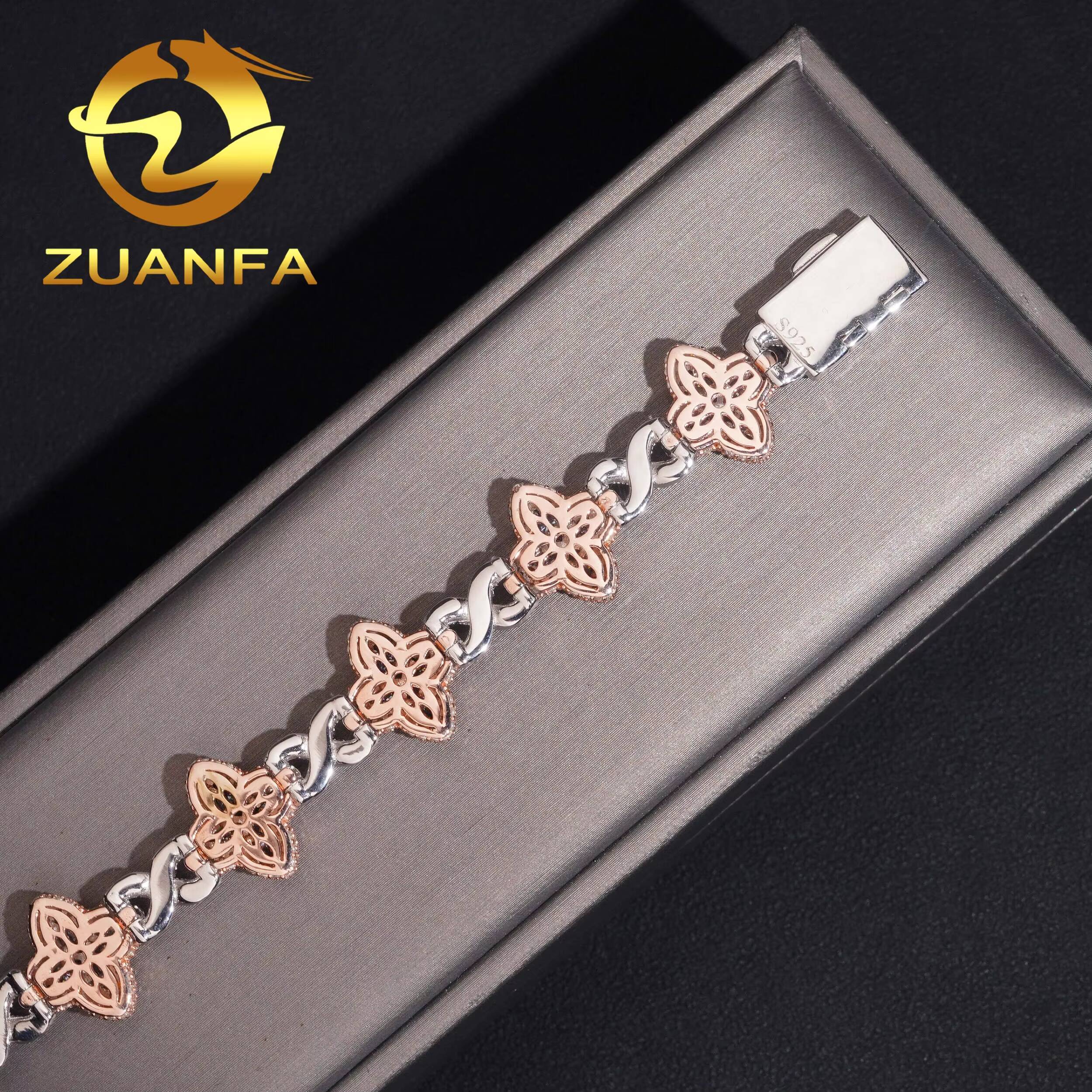 Hot Sale Pass Diamond Tester Hip Hop 15mm Two Tone Clover Flower 925 Silver Moissanite Bracelet