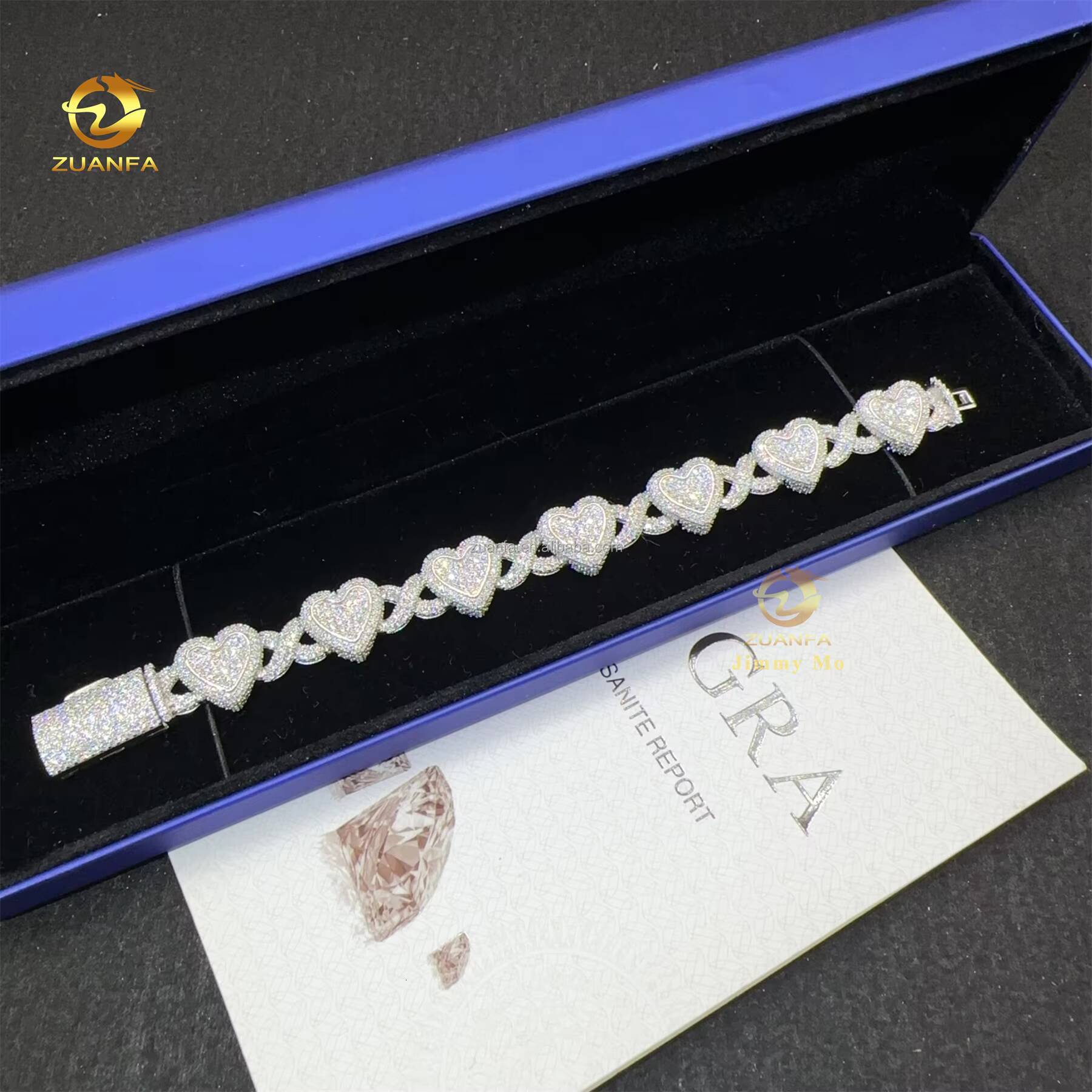 GRA Certificate Prong Setting Rhodium Plated White Iced Out Jewelry VVS1 Moissanite Diamond Heart Shape Hip Hop Cuban Bracelet