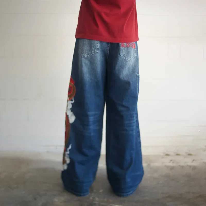 American Trend Dragon Graffiti Embroidery Dark Blue Loose WideLeg Pants Y2K Retro Casual Everyday Street Wear For Men And Women W250905