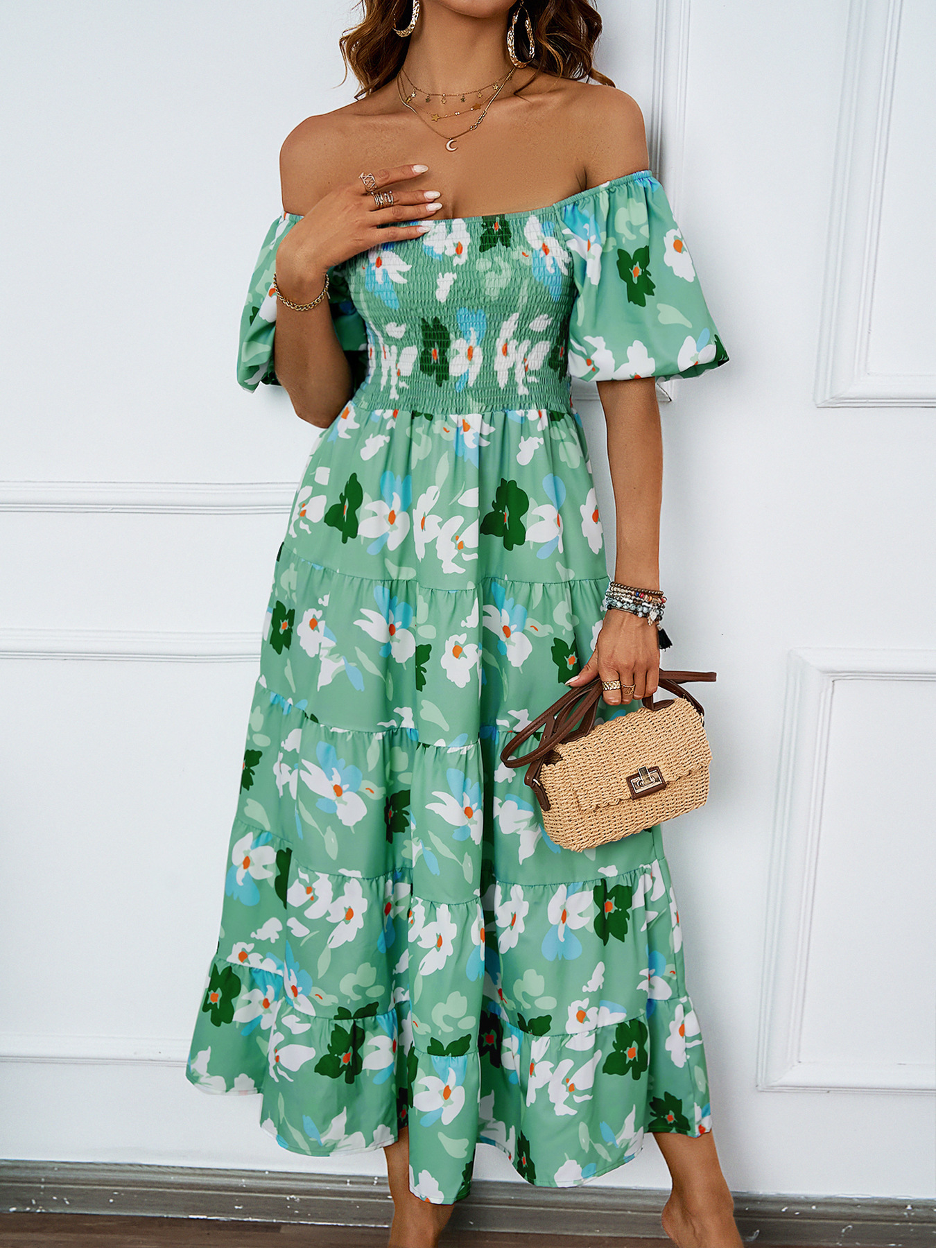 Summer New Elegant OffShoulder Printed Puff Sleeve Dress for Women