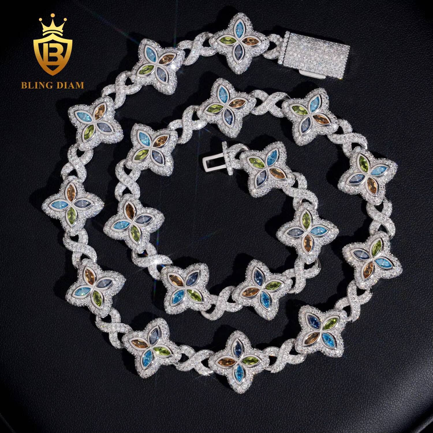 New Arrival Hip Hop Jewelry Cuban Link Four Leaf Clover VVS1 Iced Out Moissanite Diamond 925 Silver Cuban Chain High Quality