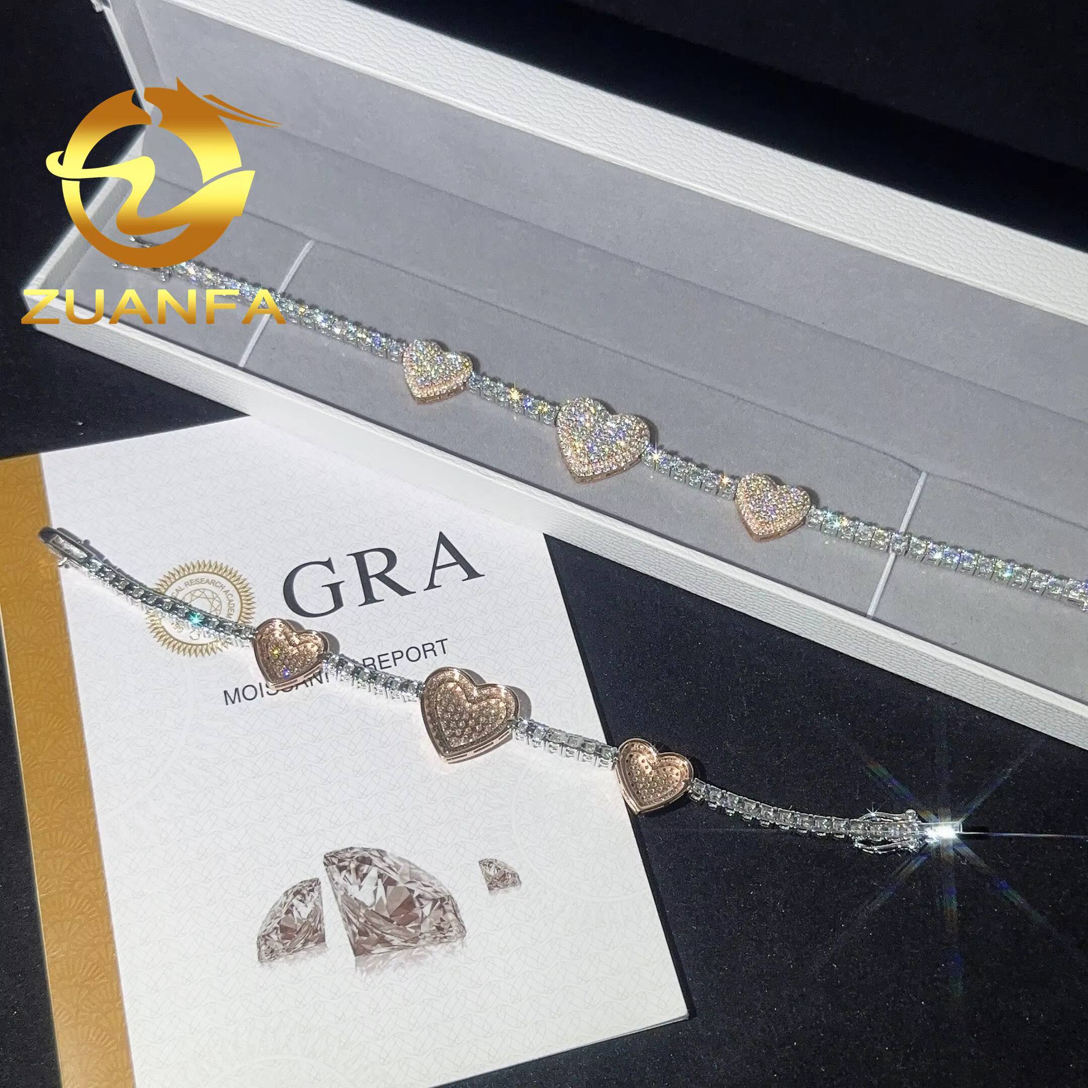 Trendy Rapper Hip Hop Jewelry VVS 3mm Moissanite Tennis Chain Bracelet With 3 Heart Silver 925 Iced Out Bracelet Best Gift