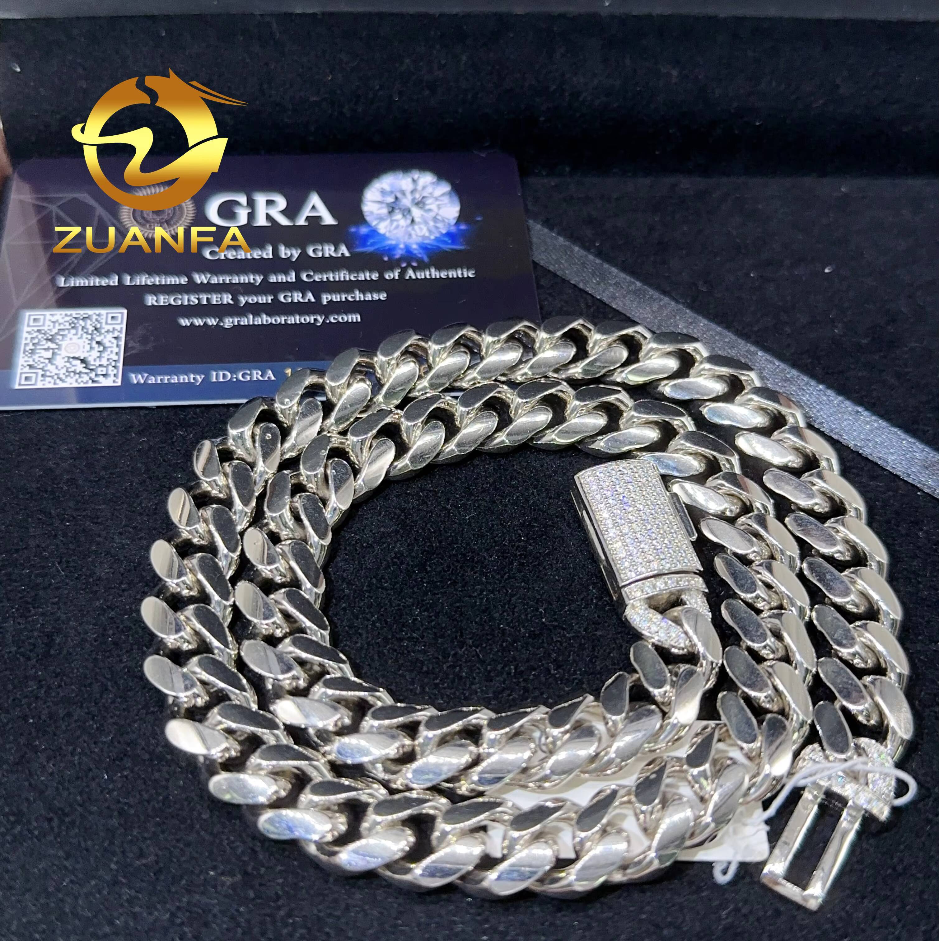 Wholesale Hip Hop Jewelry Luxury 12mm Moissanite Clasp Solid Sterling Silver Miami Cuban Link Chain Necklace for Men