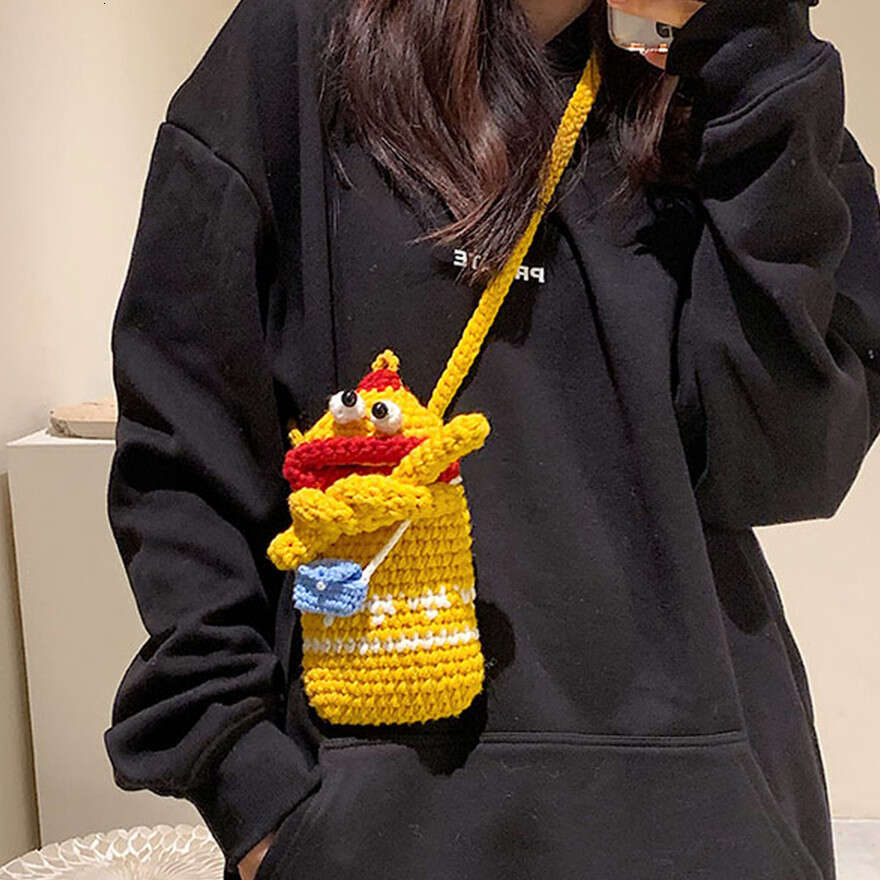 Crochet Yarn Sausage Mouth Phone Finished Handmade Knitted Cute Ugly Crossbody Bag for Women and Children Coin Purse