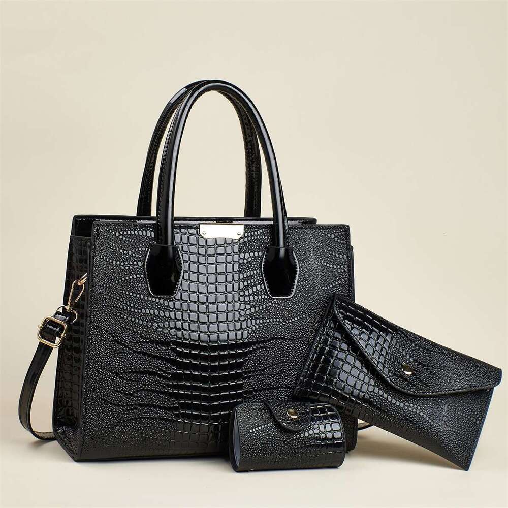 New Simple Lizard Texture Capacity Three-Piece Set Solid Color Versatile Stylish Women's Large Bag