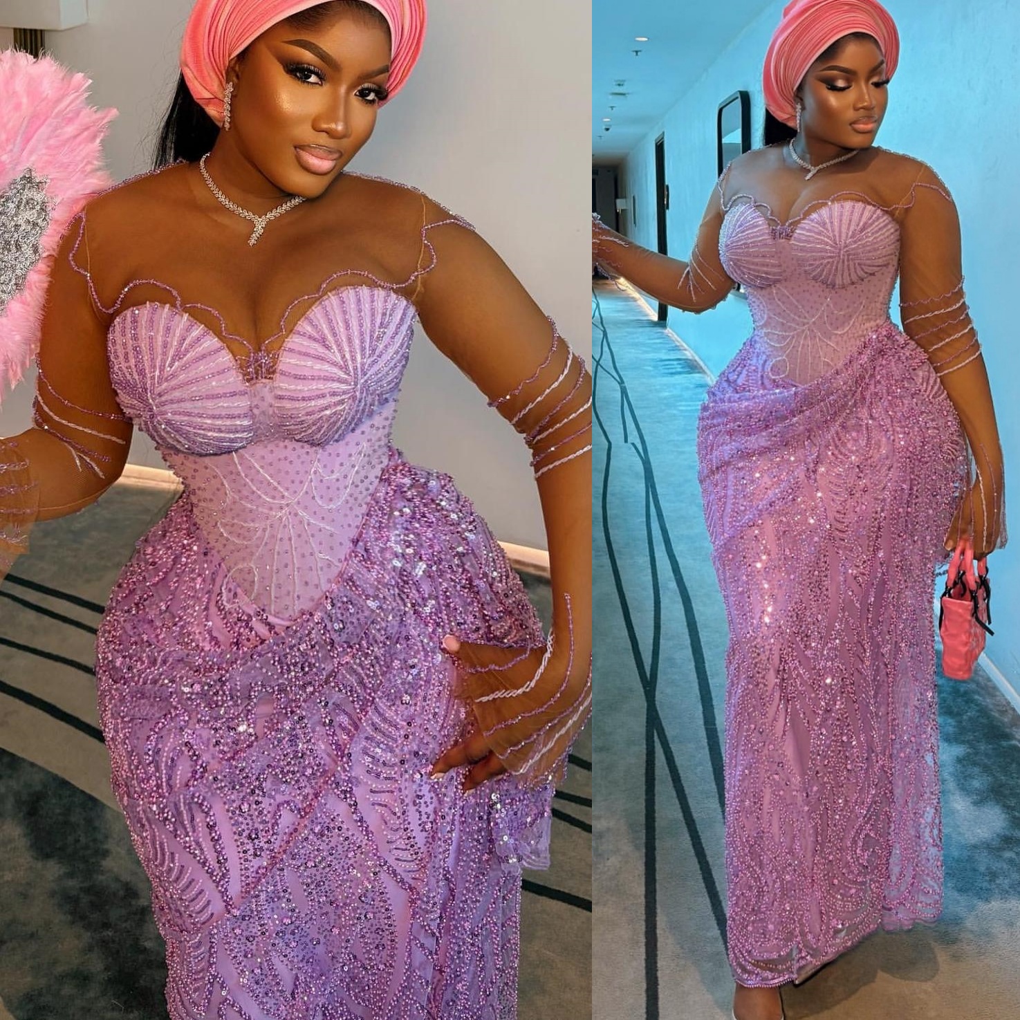 Aso Ebi Lilac Sheath Prom Dresses 2025 Beaded Sequined Sheer Neck African Evening Formal Party Second Birthday Engagement Dress Gowns robe de mariee