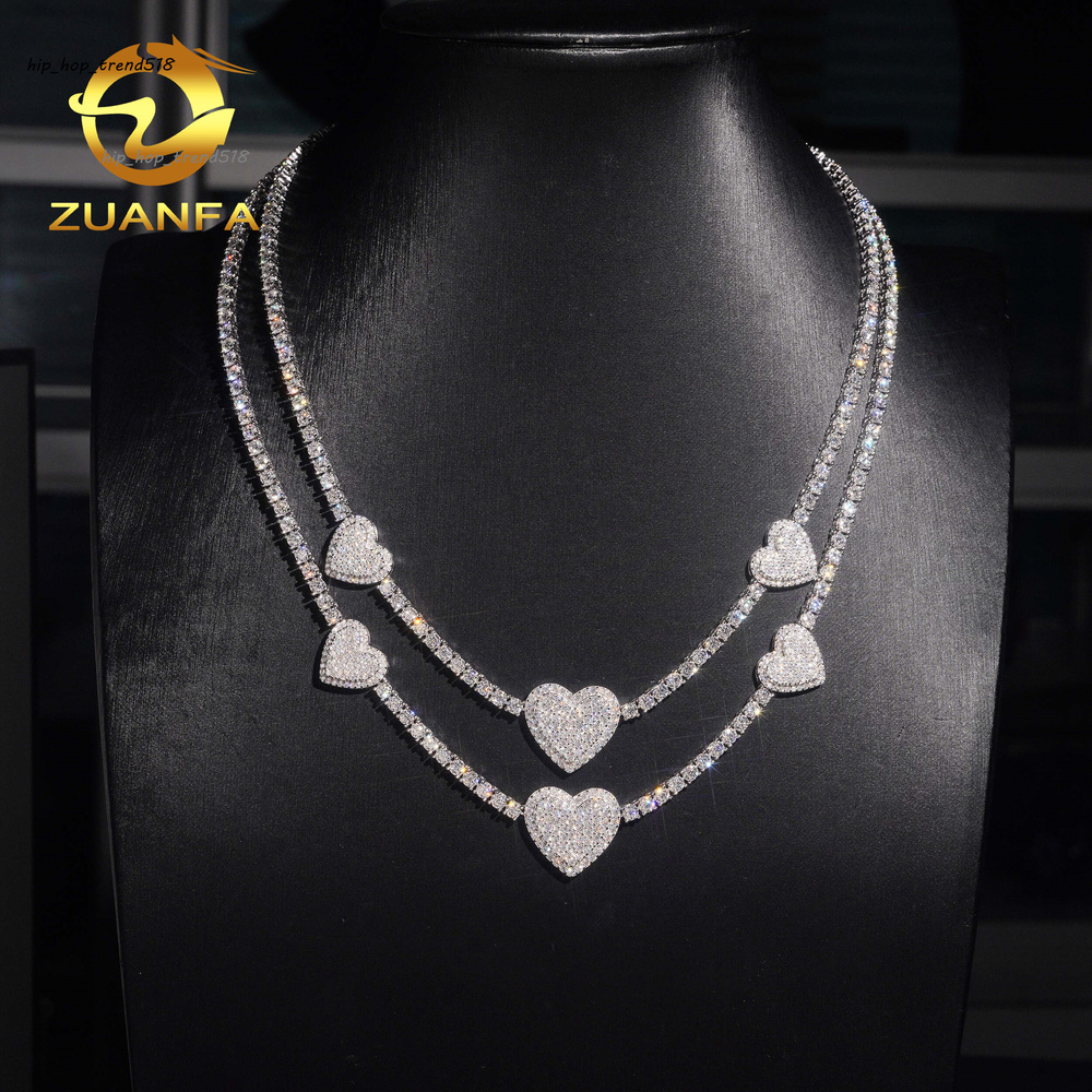 Heart Shape Moissanite Tennis Chain Necklace Charm Necklace 925 Sterling Silver Iced Out Hip Hop Jewelry
