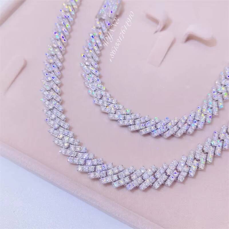 Hotsale 925 Sterling Silver Prong Setting Iced Out VVS Moissanite Diamond Cuban Link Chain Set