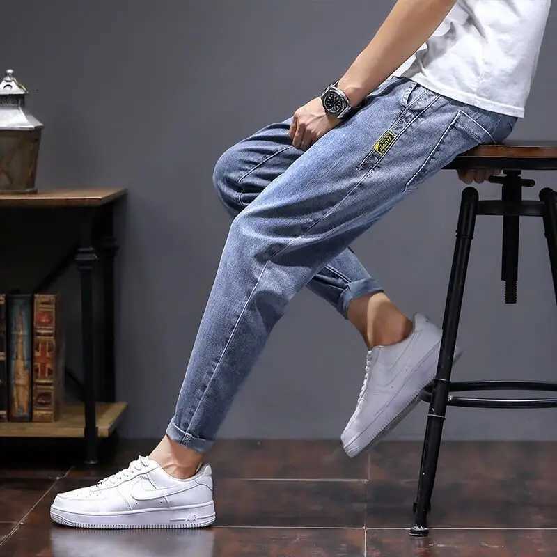 Elastic Lace Up Denim Jeans Mens Trend Versatile Pants 2022 Students Teenagers Mens Japanese Harem Leg 2022 Mens Cargo Pants W250905
