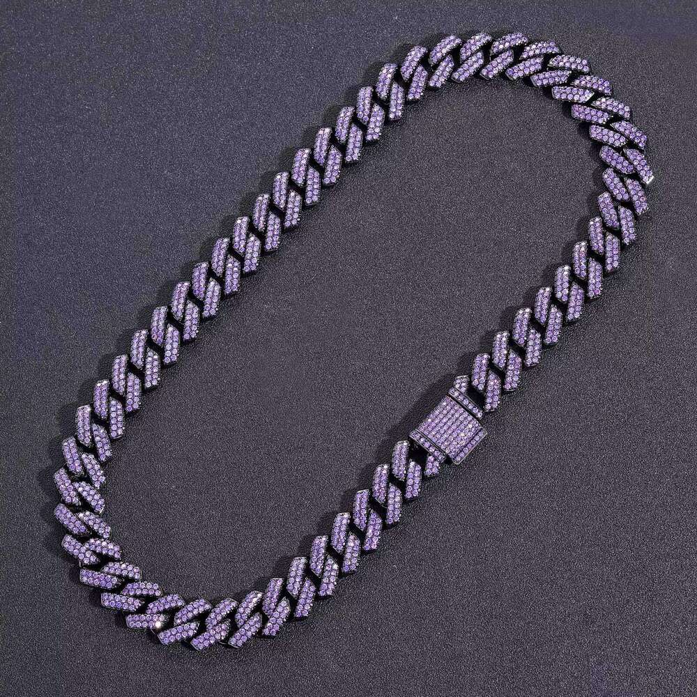 Black 15mm Full Purple Lab Dia Bling Prong Moissanite Cuban Link Hip Hop Geometric Trendy Gift Chain