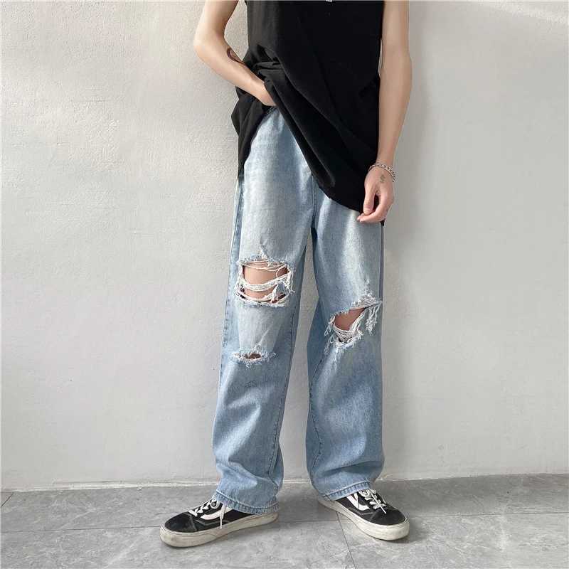 Summer Mens Ripped Jeans Blue Loose Fit Hole Wideleg Pants Casual Fashion Trousers Streetwear High quality Denim Man Clothing W250905