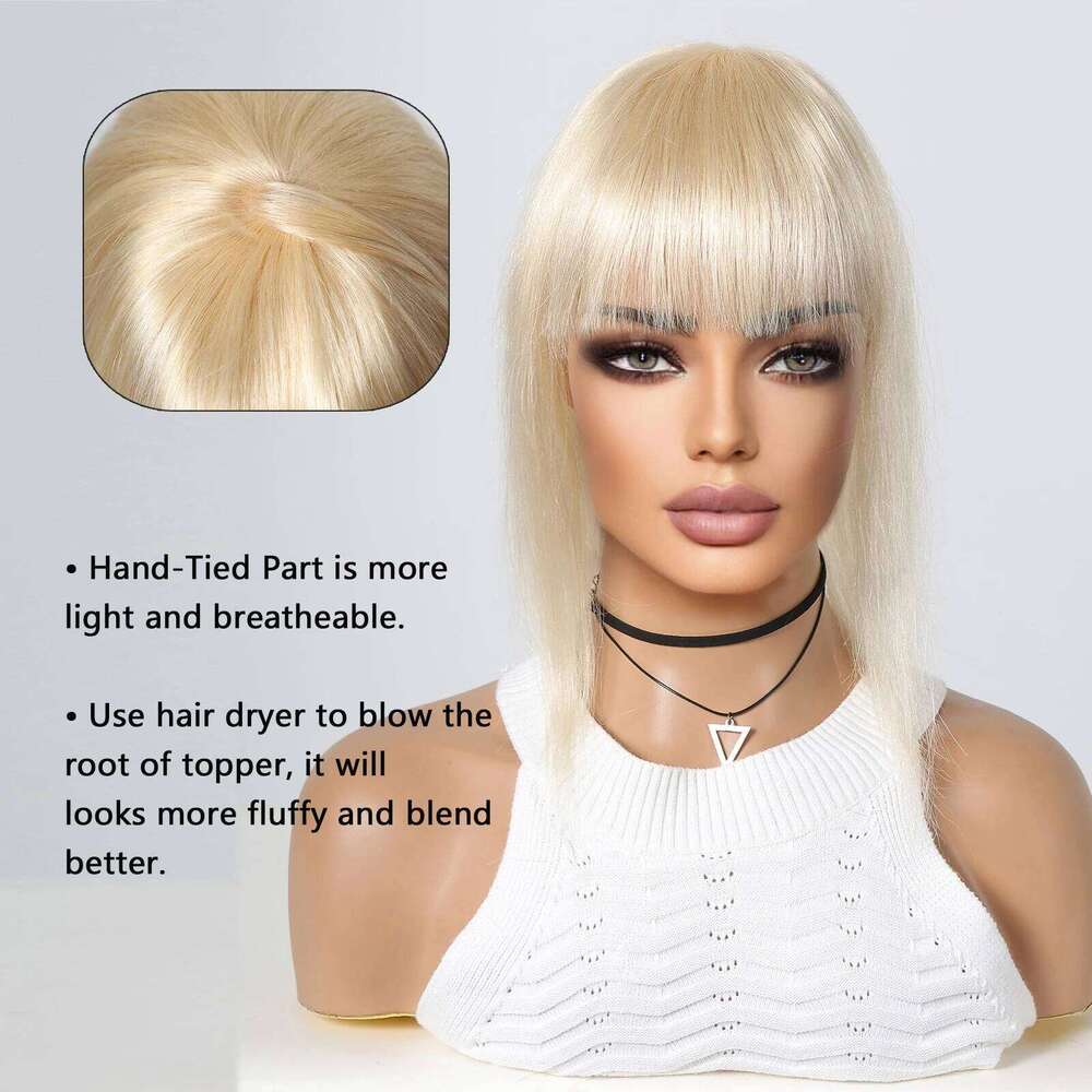 613# Blonde Human For Women Silk Base Clips In Toppers With Fringe 12 Inch Straight Piece for Thinning Hair