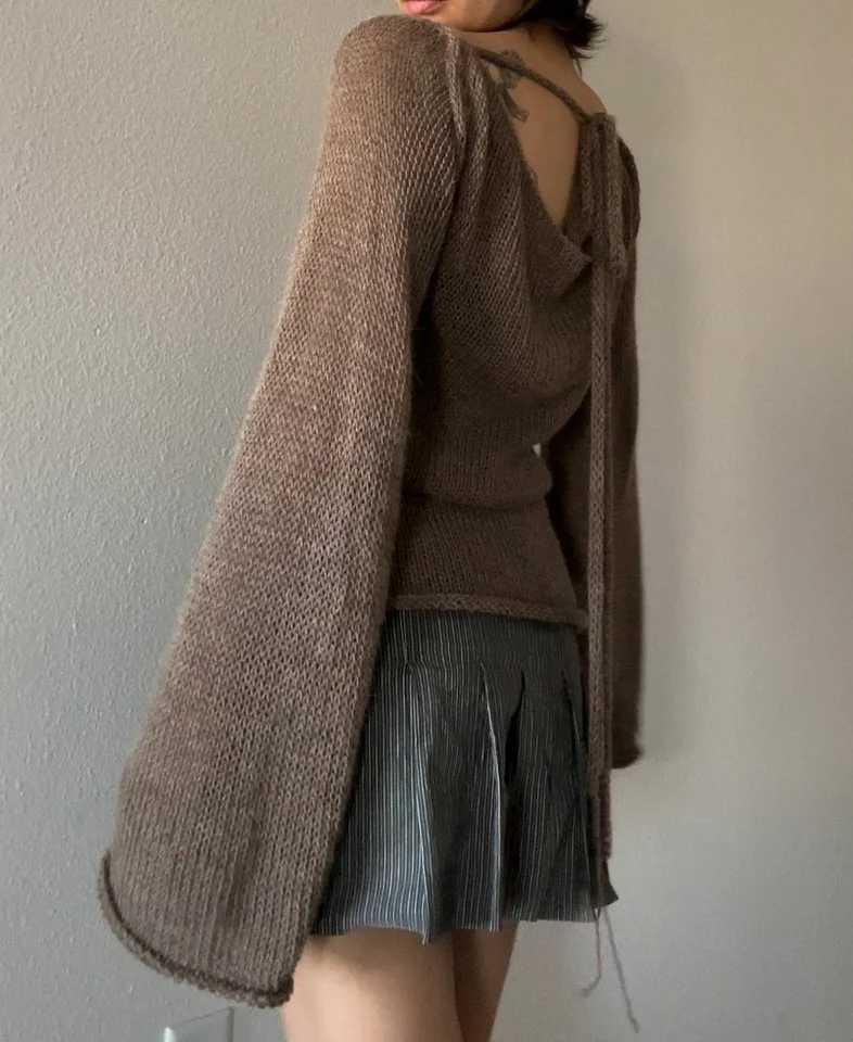 Fashion Womens Tshirt Tie Back Sweaters Long Sleeve Boat Neck Solid Color Knit Pullover Casual Tops Streetwear Y2k Summer Cami Z250905