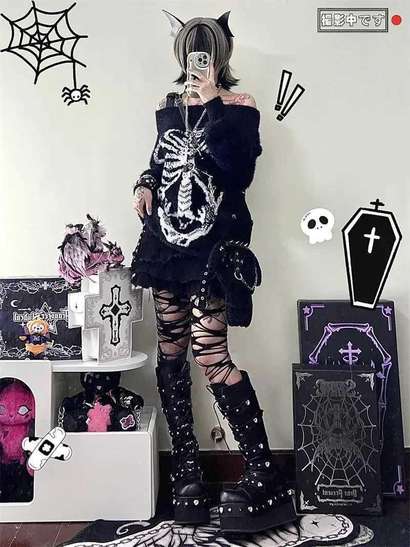 Womens Skull Print Harajuku Sweater Goth Top Aesthetic Black Pullover Harajuku Fashion Streetwear Top 2000 Z250905