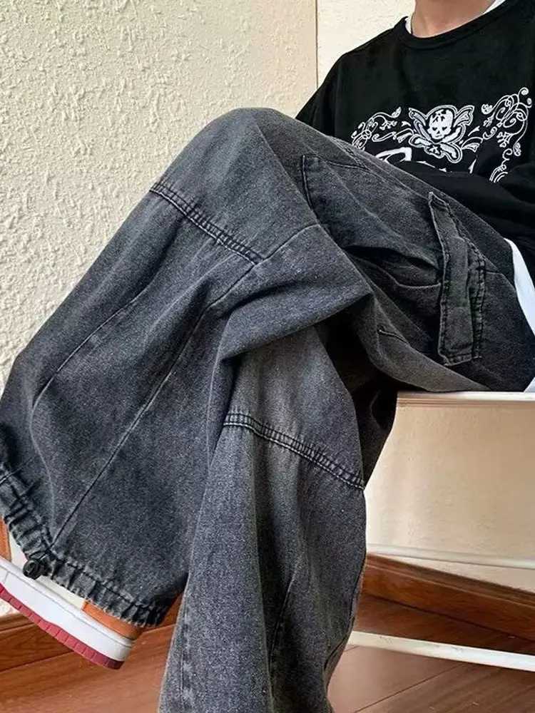Denim Trousers For Men Adjustable Drawstring Y2k Versatile Baggy Cargo Jeans Mens Hippie Jogging Wide leg Pants Male Streetwear W250905