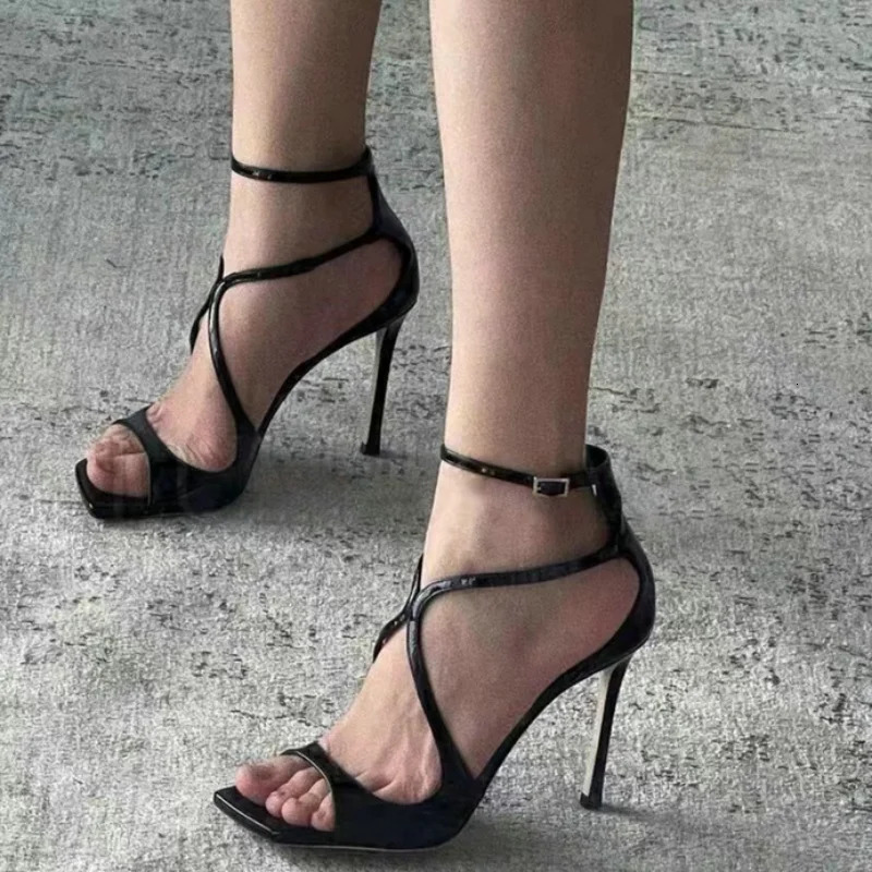Summer Women Fish Mouth Gold Thin Heels Open Toe Sexy High A Line Buckle Square Head Sandals 250905