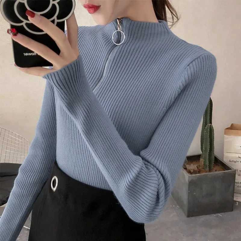 Knitted Women Zipper Half High Neck Sweater Pullovers Autumn Winter Basic Women Sweaters Slim Solid Knitwear Pull Femme Tops Z250905