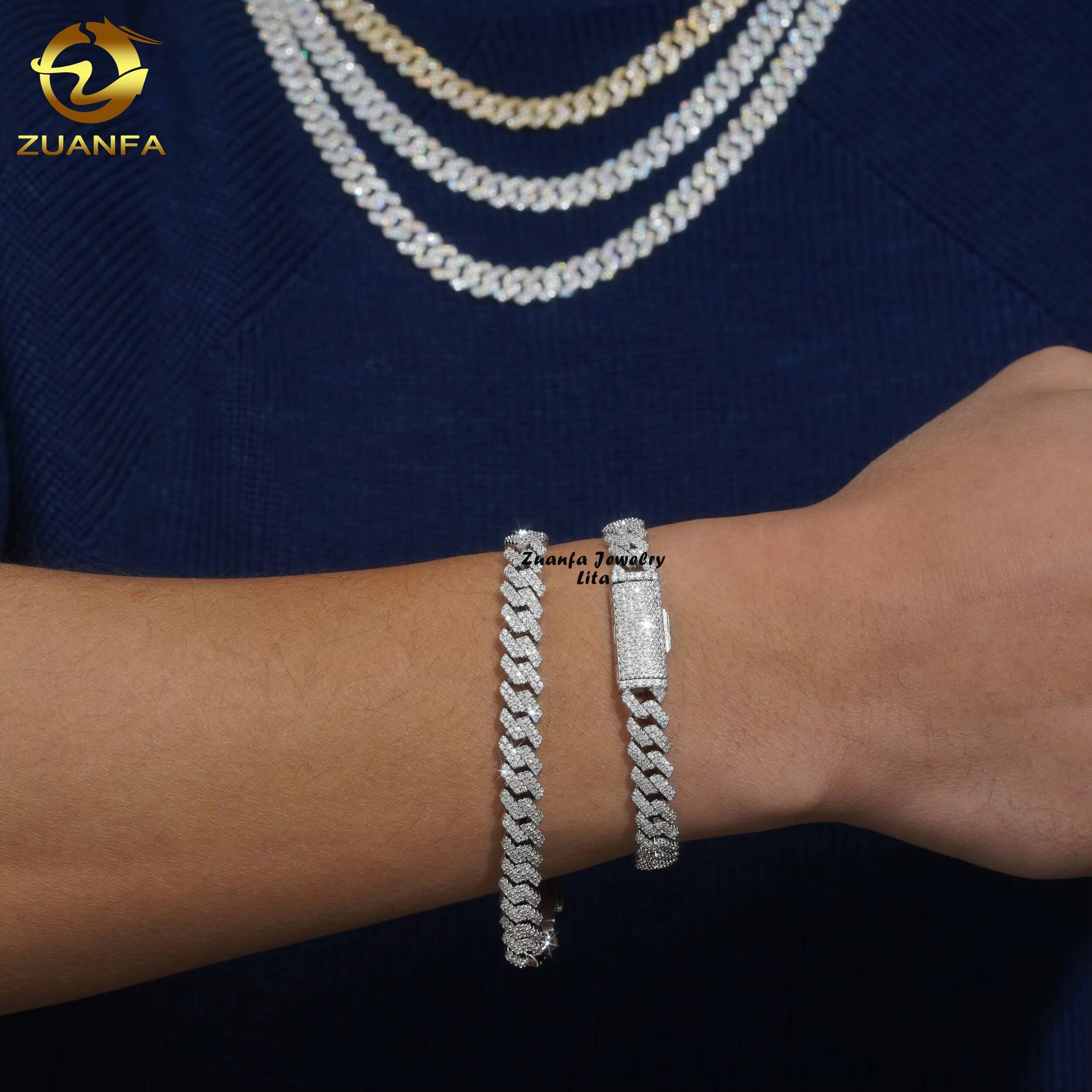 Hot Sale Hip Hop Jewelry 8MM Thin Necklace Bracelet 925 Sterling Silver Moissanite Iced Out Cuban Link Chain