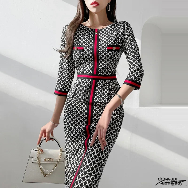 Style European And Korean Womens Clothing Socialite Printed Waist-Fitted Ruffle Edge Dress Summer ddmyday Professional Wear 250723 ddmyday