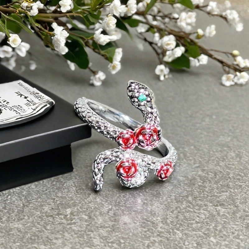 Green Eye Zircon Oil Drop Rose Flower Open Three-Dimensional Wrapped Snake Shape Niche Personality Ring
