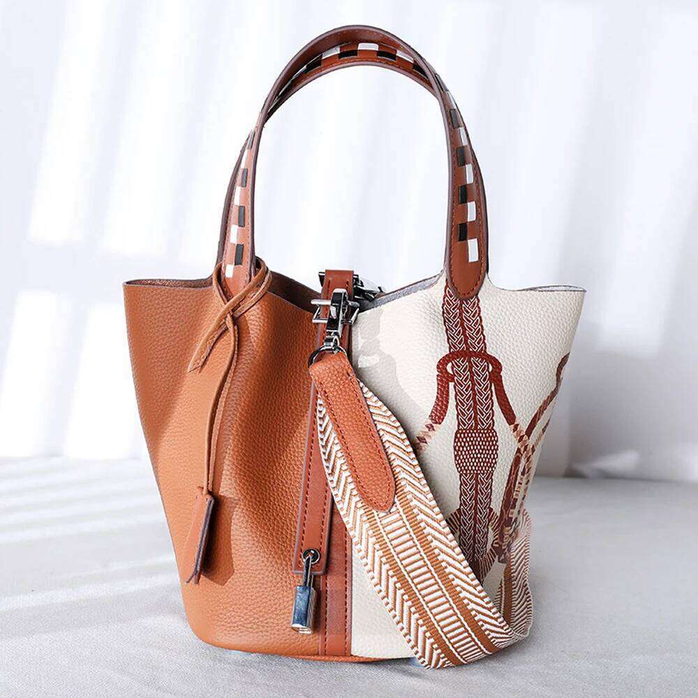 Various Genuine Leather Fashion Women's Handbag Vegetable Basket Style Portable Women Bucket Bag with Lock