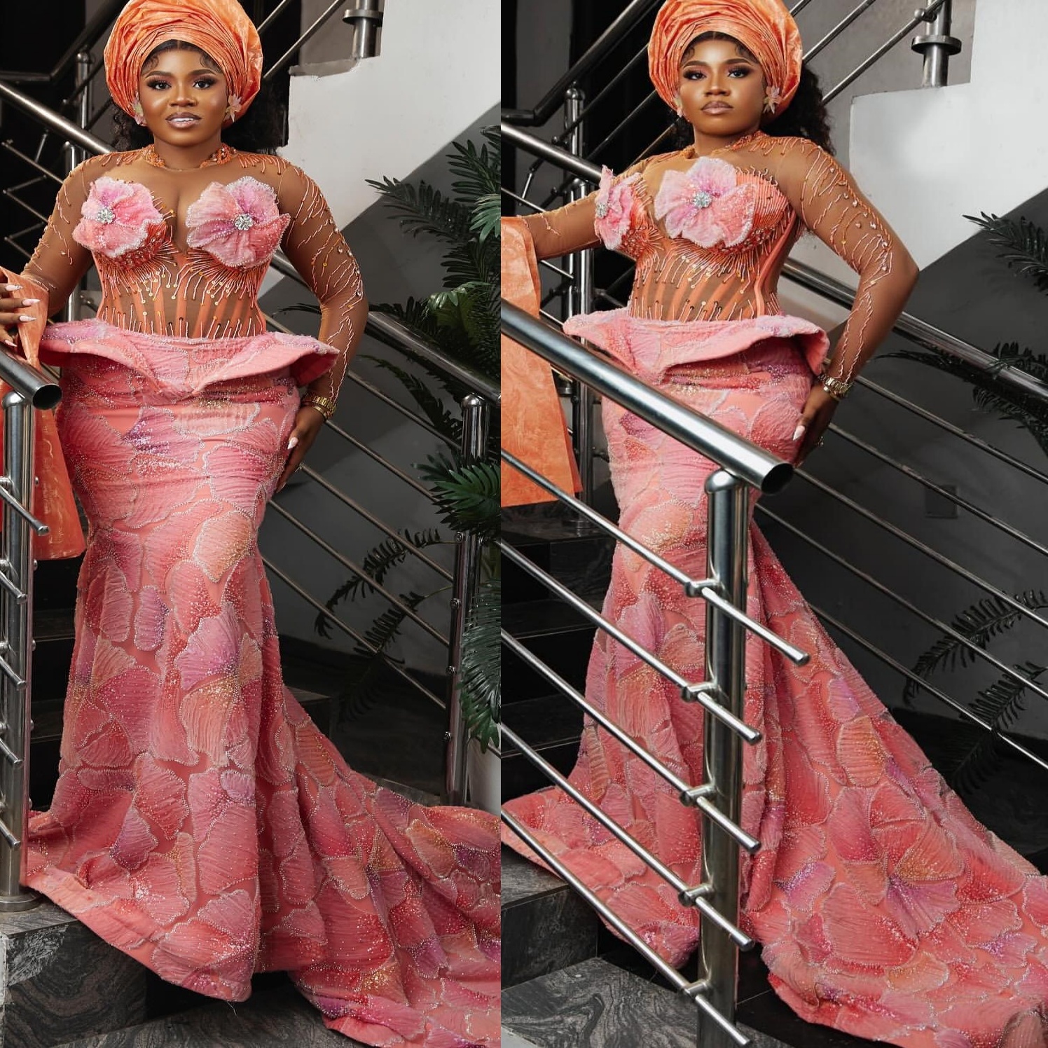 Aso Ebi Pink Mermaid Prom Dresses 2025 Beaded Printed Sheer Neck Evening Formal Party Second Birthday Engagement Gowns Plus Size Dress For Special Occ
