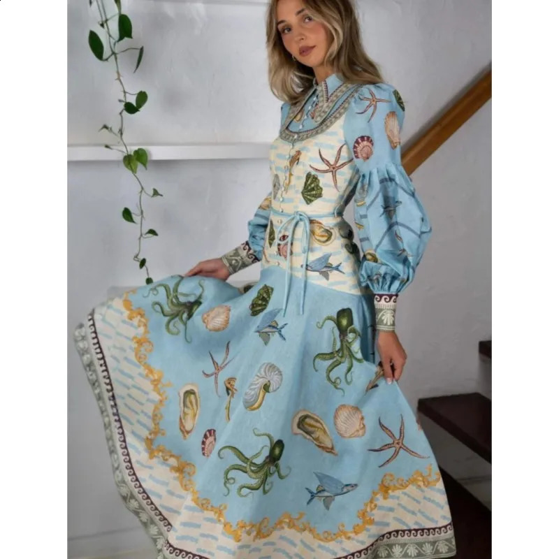 Women Vintage Floral Printed Shirt Collar Dresses Puff Sleeve Single Breasted Spring Summer Long A Line Female Elegant Vestidos 250904
