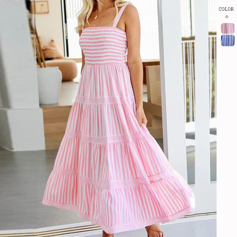 2023 Summer New Sexy Striped Print Strap WaistCinching Vacation Dress for Women
