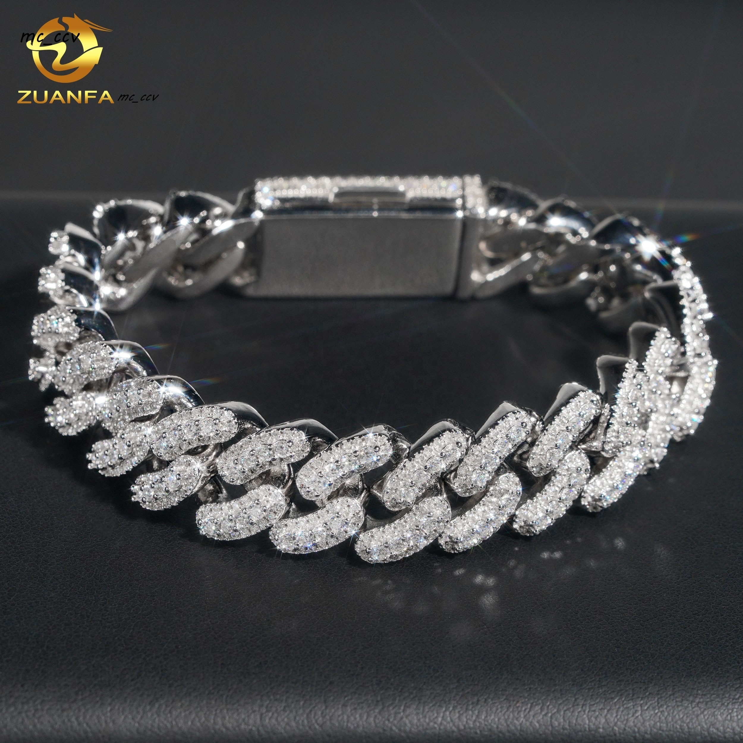 Iced Out Jewelry Cuban Link Chain 925 Silver Mens 15MM Width Hip Hop Moissanite Cuban Link Bracelet