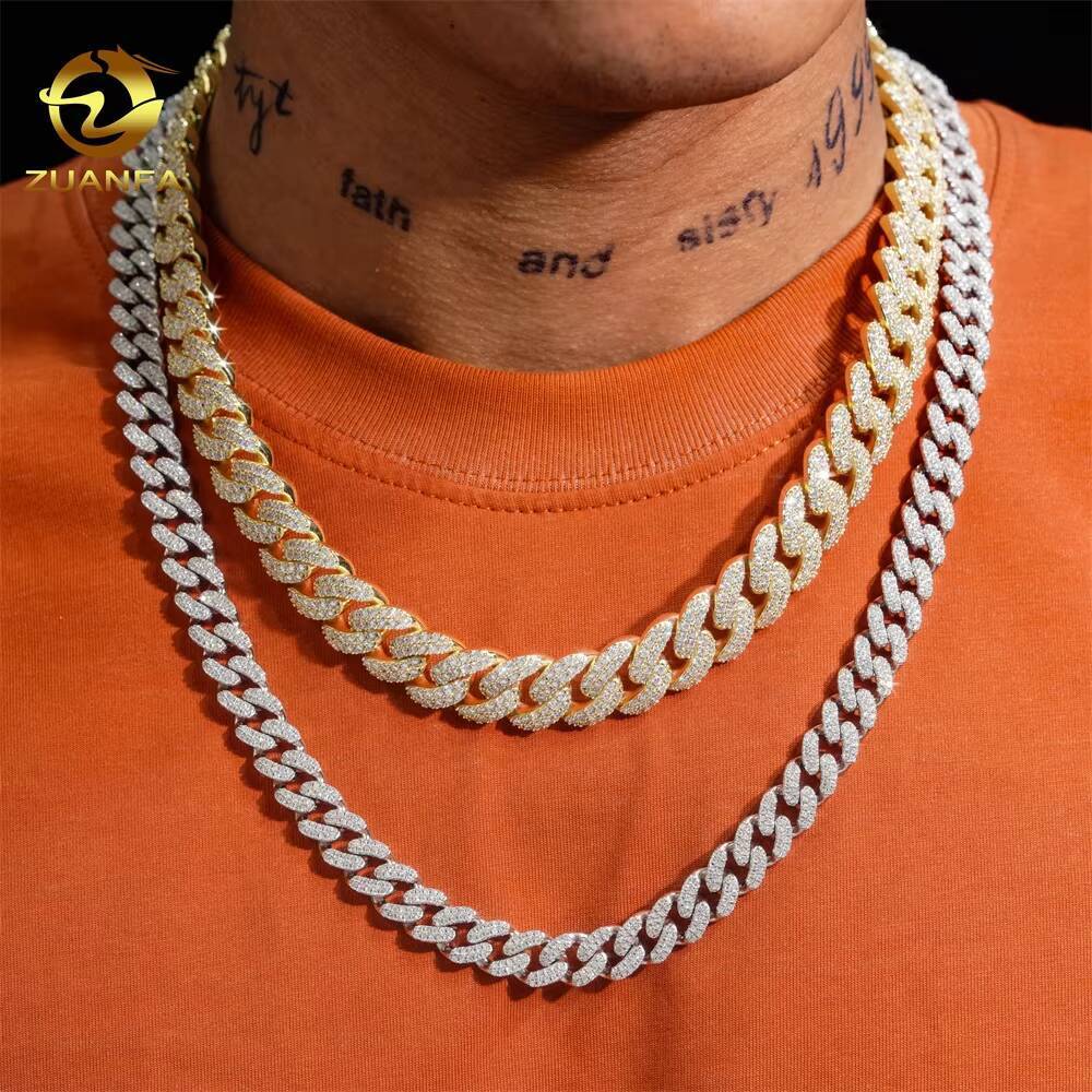 Yellow Gold White Gold Over Silver 10mm 18mm Iced Out SOLID Miami Cuban Link VVS Moissanite Iced Out Diamond Cuban Link Chain
