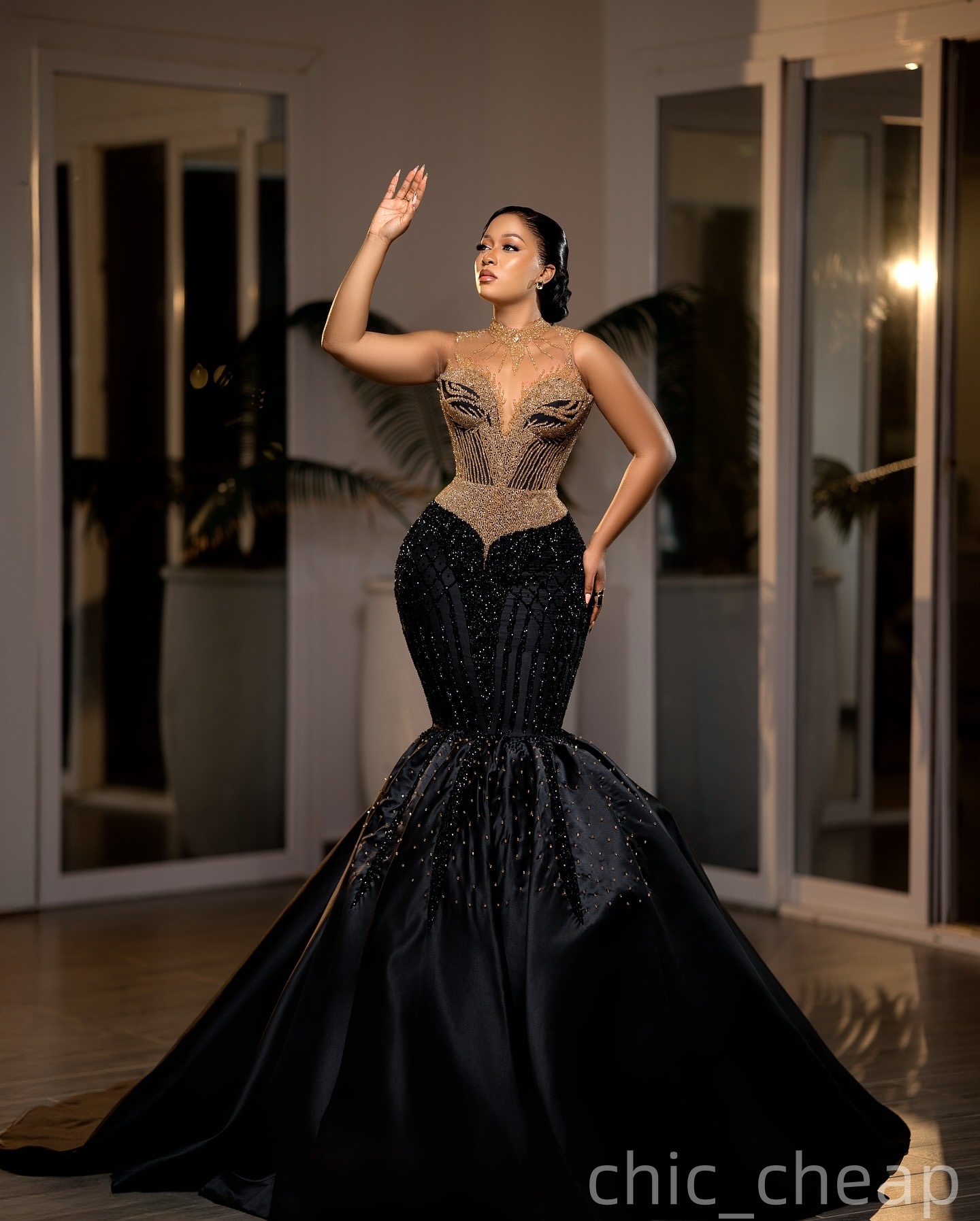 Aso Ebi Mermaid Black Prom Dresses 2025 Beaded Satin Sequined Evening Formal Party Second Birthday Engagement Gowns Plus Size Dress For Special Occasi