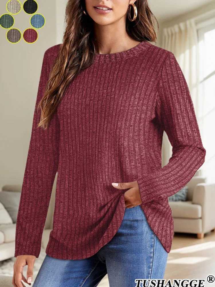 2024 Autumn Women Round Neck Long Sleeved Pit Stripe Pullovers Solid Color Lightweight Ladies Sweaters Comfortable Woman Clothes Z250905