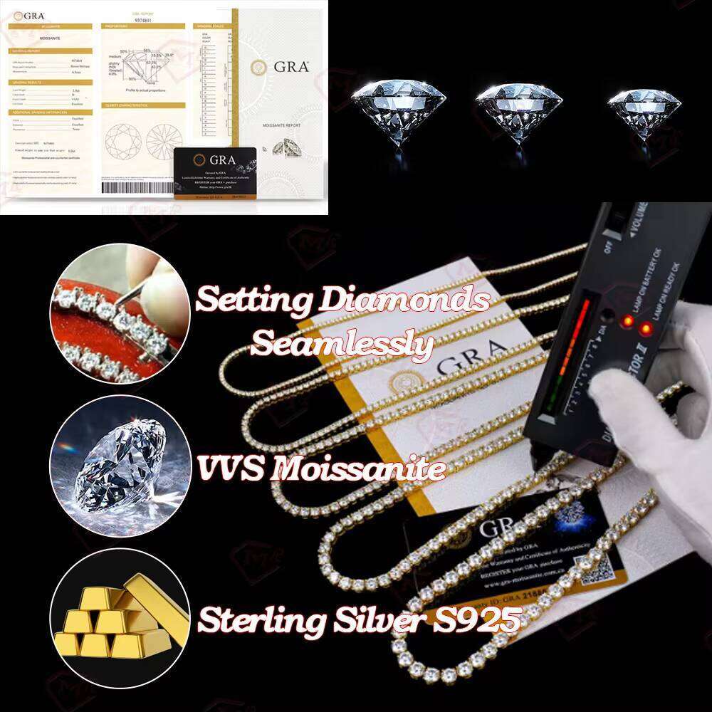 2mm 3mm 4mm 5mm Tennis Necklace Sier VVS Iced Out Hiphop Bling Moissanite Chain