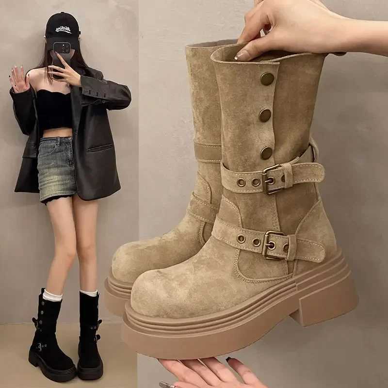 Womens Long Boots 2025 Spring New Style Fashionable Twopiece Lapel Mid Leg Boots Retro Versatile Thick Soled Motorcycle Boots L250905