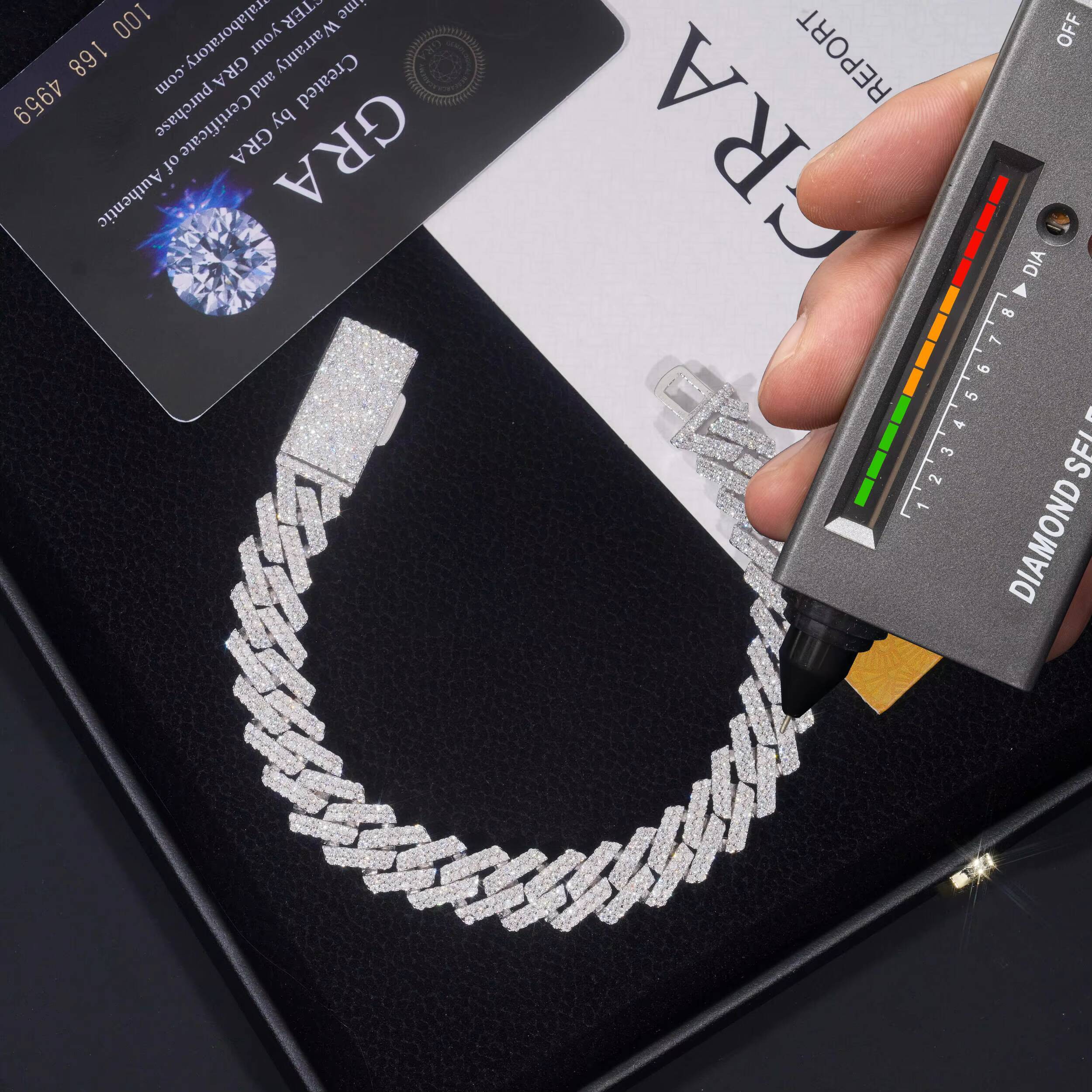 Trend Explosion Moissanite Jewelry 12mm Classic Double Row Cuban Necklace 925 Silver Gold Plated Moissanite Cuban Chain