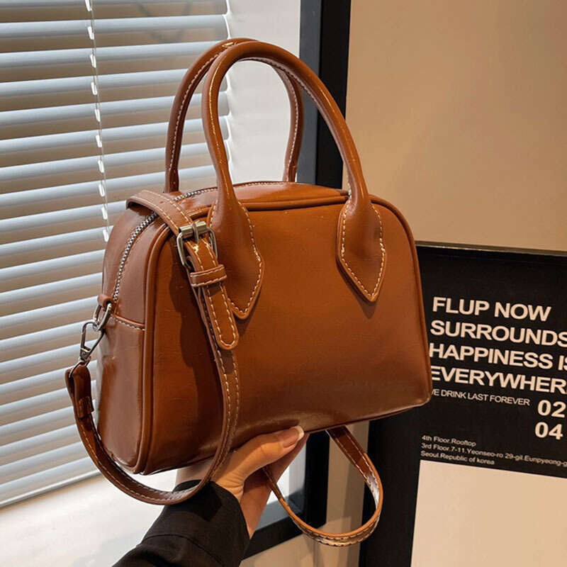 2024 New Han Chao Instagram Small Fashion Handbag Minimalist Boston Lychee Pattern Cowhide Single Shoulder Crossbody Bag