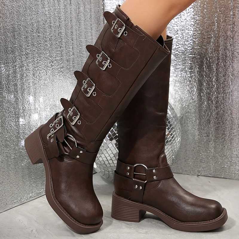 Women Comfortable Metal Decoration Knee High Long Boots Woman Autumn 2024 Trend Chunky Heels Motorcycle Boots Shoes for Women L250905