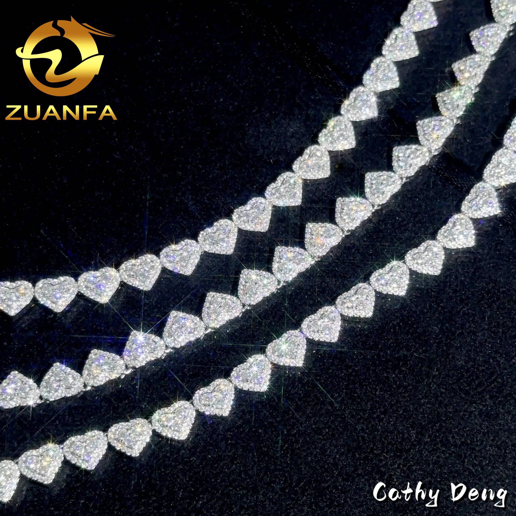 Hot Sale 925 Sterling Silver 8mm Moissanite Heart Design Women Men Fashion Hip Hop Iced Out Cuban Link Chain Bracelet Set