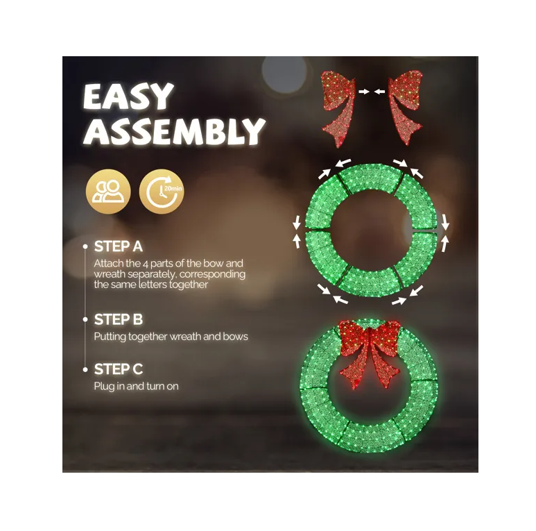 48in Pre-Lit Outdoor Christmas Wreath Decoration LED Metal Holiday Decor for Home Exterior Garden w/ 315 Lights Bow Green/Red