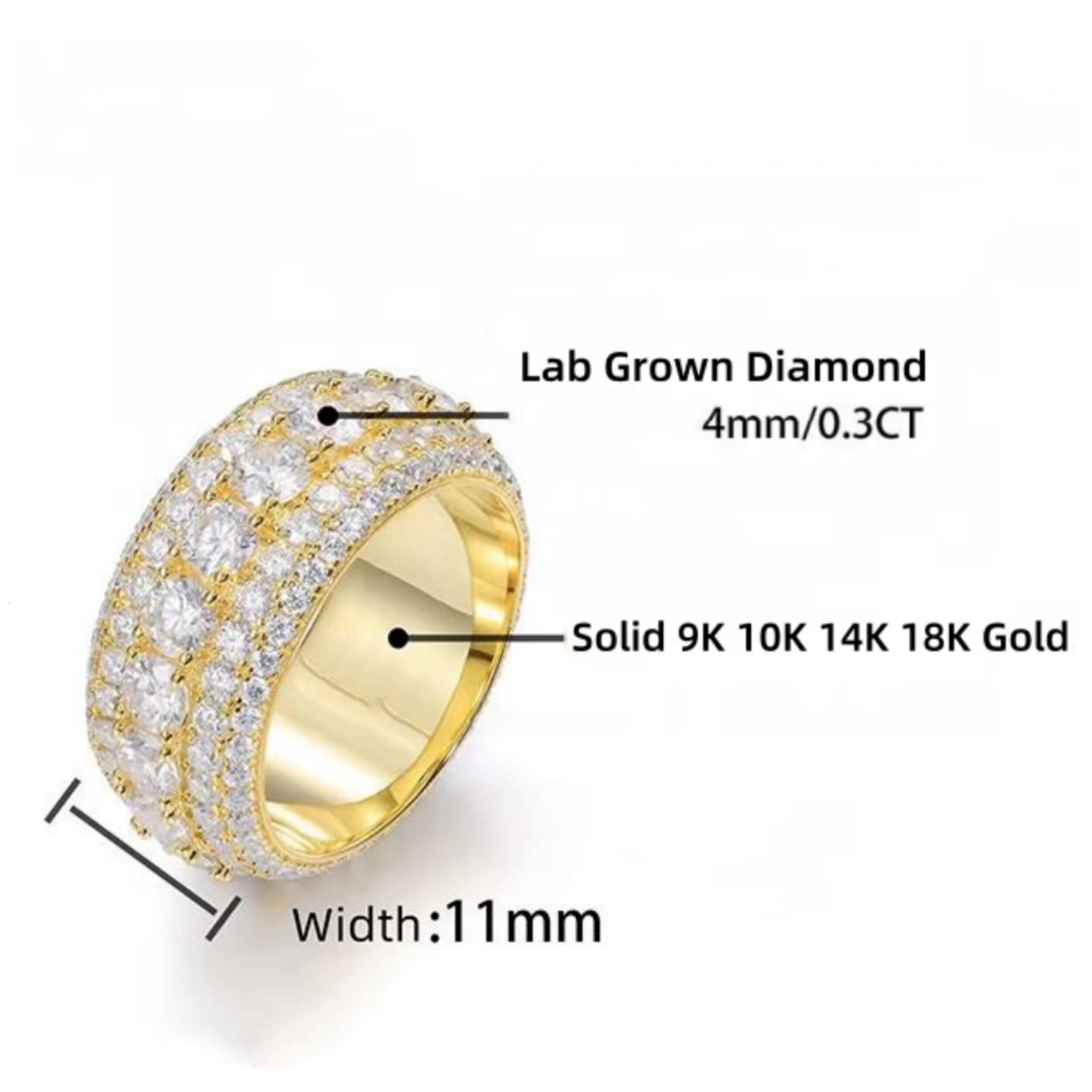 Custom Iced Out Jewelry Hip Hop Solid 9K 10K 14K Gold IGI Certified VS VVS Lab Grown Diamond 5 Rows Eternity Band Ring for Men