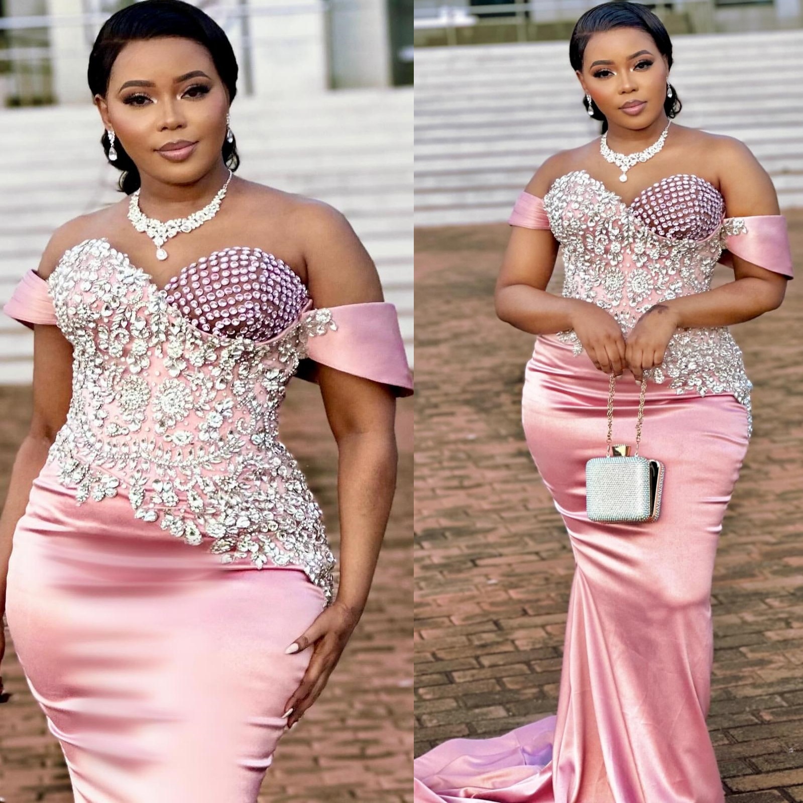Aso Ebi Mermaid Pink Prom Dresses 2025 Beaded Crystals Satin Sweetheart Evening Formal Party Second Birthday Engagement Gowns Plus Size Dress For Spec