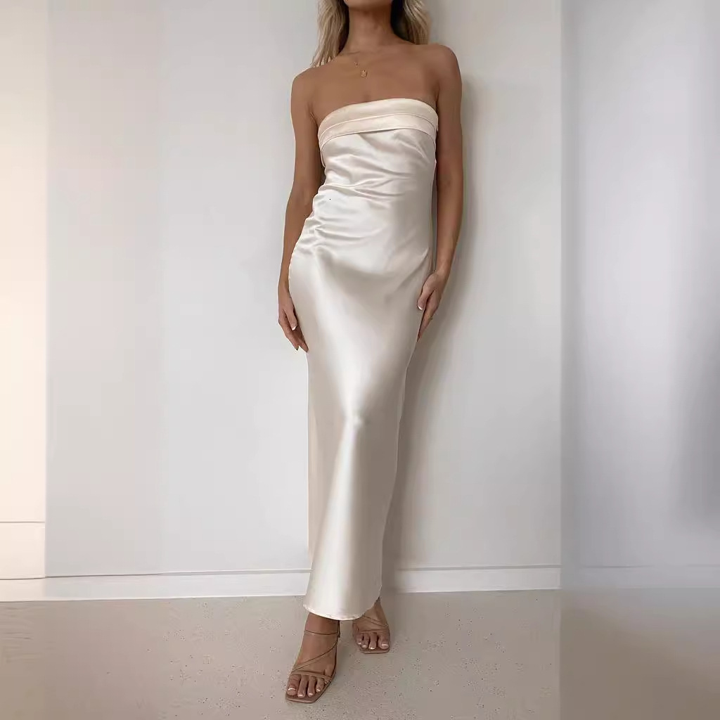 2025 SpringSummer New Elegant Socialite Satin Backless Strapless Dress with Print