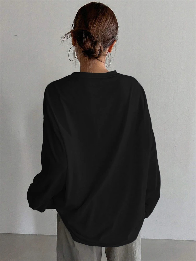 Women Basic Long Sleeve Loose Oneck Tshirt Autumn Winter Solid Color Tee Top Streetwear 250905