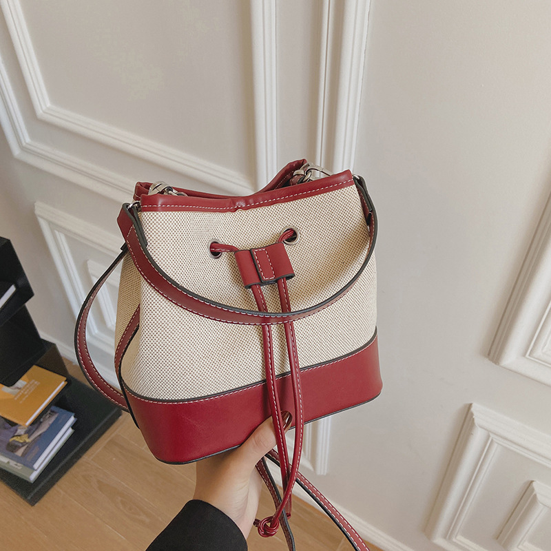Women's Bag Foreign Trade New Canvas Color-block Handbag Bucket Bag Street Fashion Textured Drawstring Single Shoulder Crossbody Bag