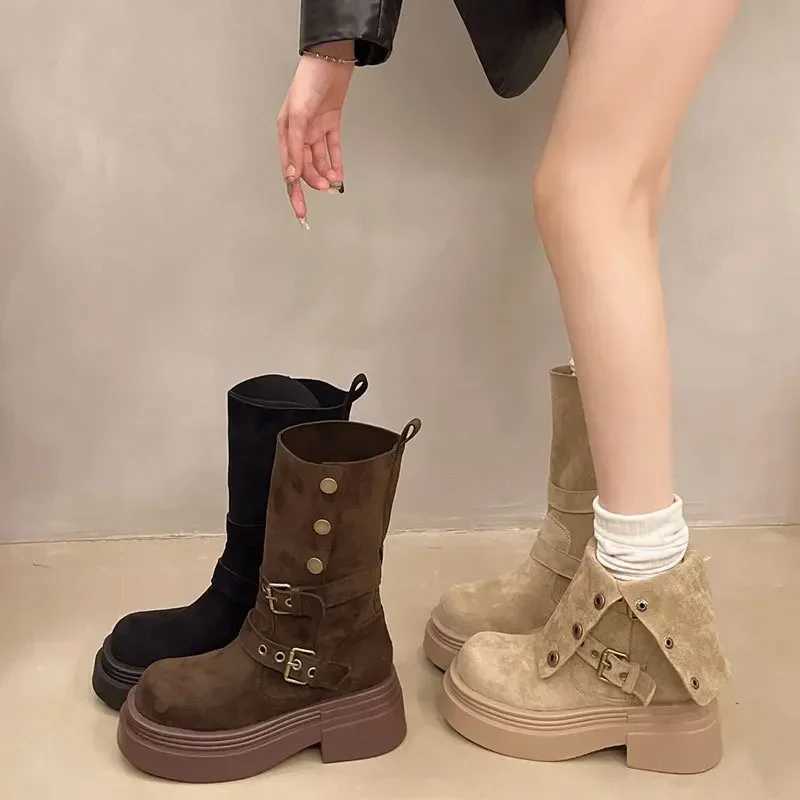 Womens Long Boots 2025 Spring New Style Fashionable Twopiece Lapel Mid Leg Boots Retro Versatile Thick Soled Motorcycle Boots L250905