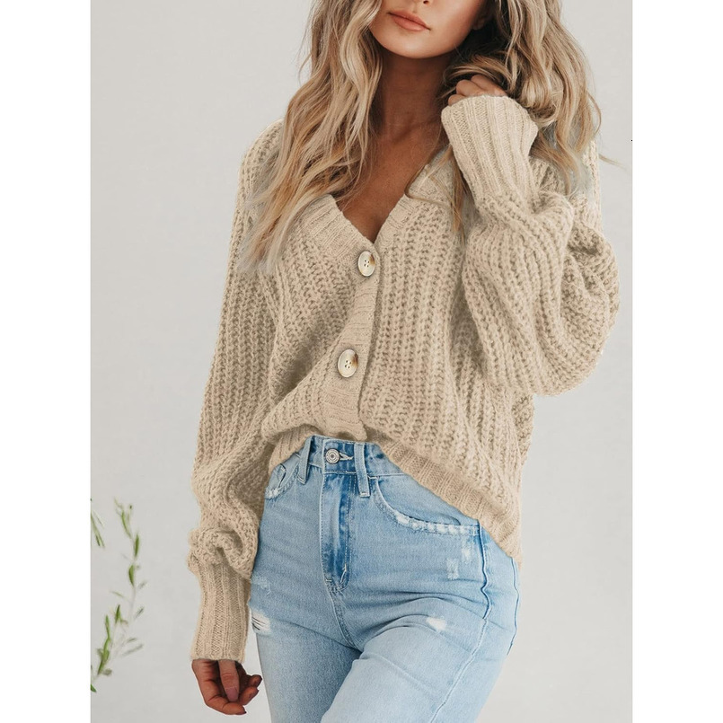 Women's Chunky Knit Open Front Sweater Long Sleeve Button Loose Short Cardigan Outerwear Coats