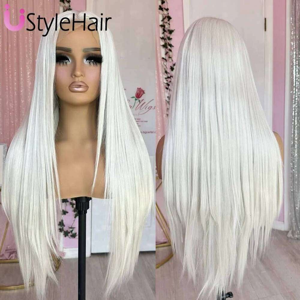 Platinum White Front Wig Long Silky Straight Synthrtic Layered Cut Natural Hairline Daily Wear Wigs 13x4 Frontal Lace