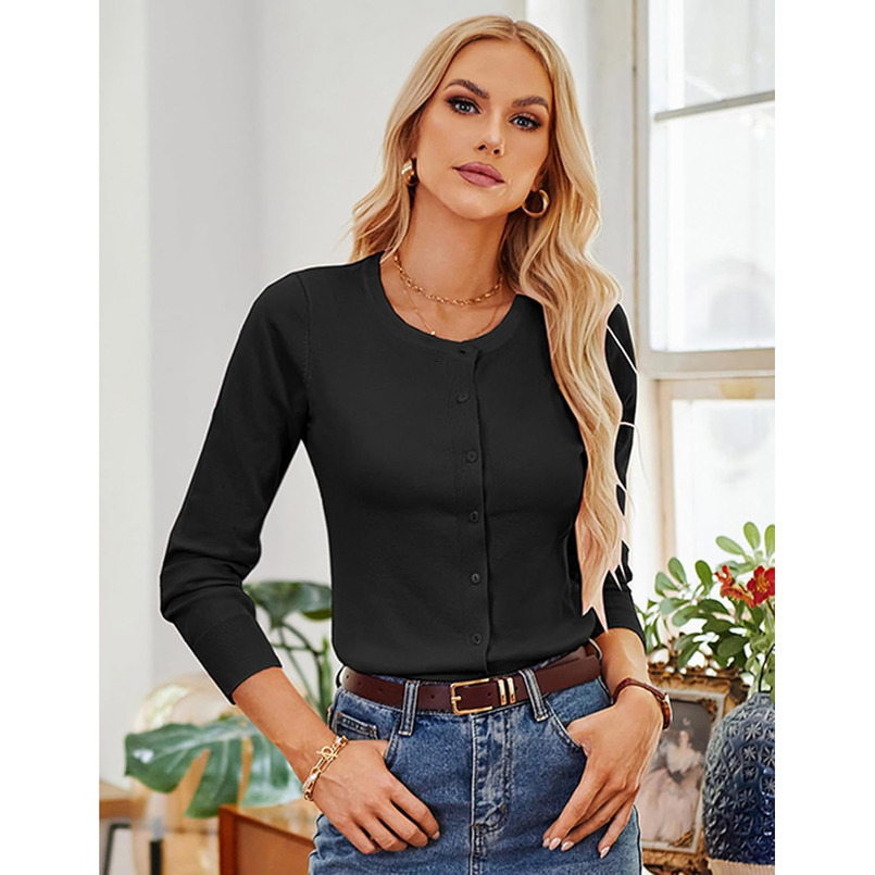 Women's Long Sleeve Button Down Crew Neck Classic Sweater Knit Cardigan