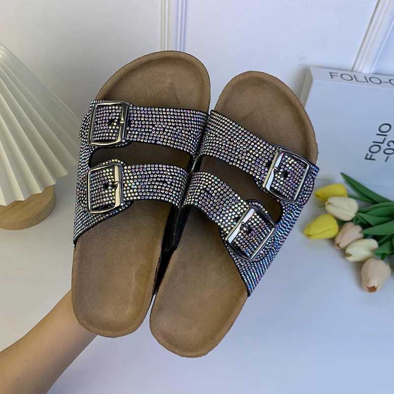 Fashion Imitation WoodGrain Sandals Women Diamond Sequins Double Buckle Womens Flat Slippers Fall and Winter New Shoes W250905